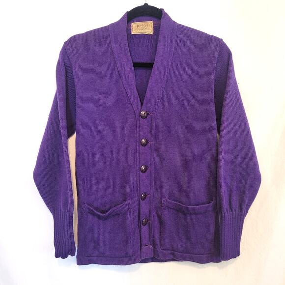 Revere 100% Wool Purple Button-Front Cardigan Vintage Women's Sweater Pockets - Picture 1 of 12